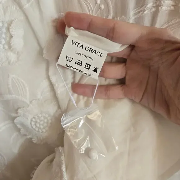 Vita Grace Dress Sierra Embroidered Cotton Summer Day Floral White Button Boho - Picture 8 of 8